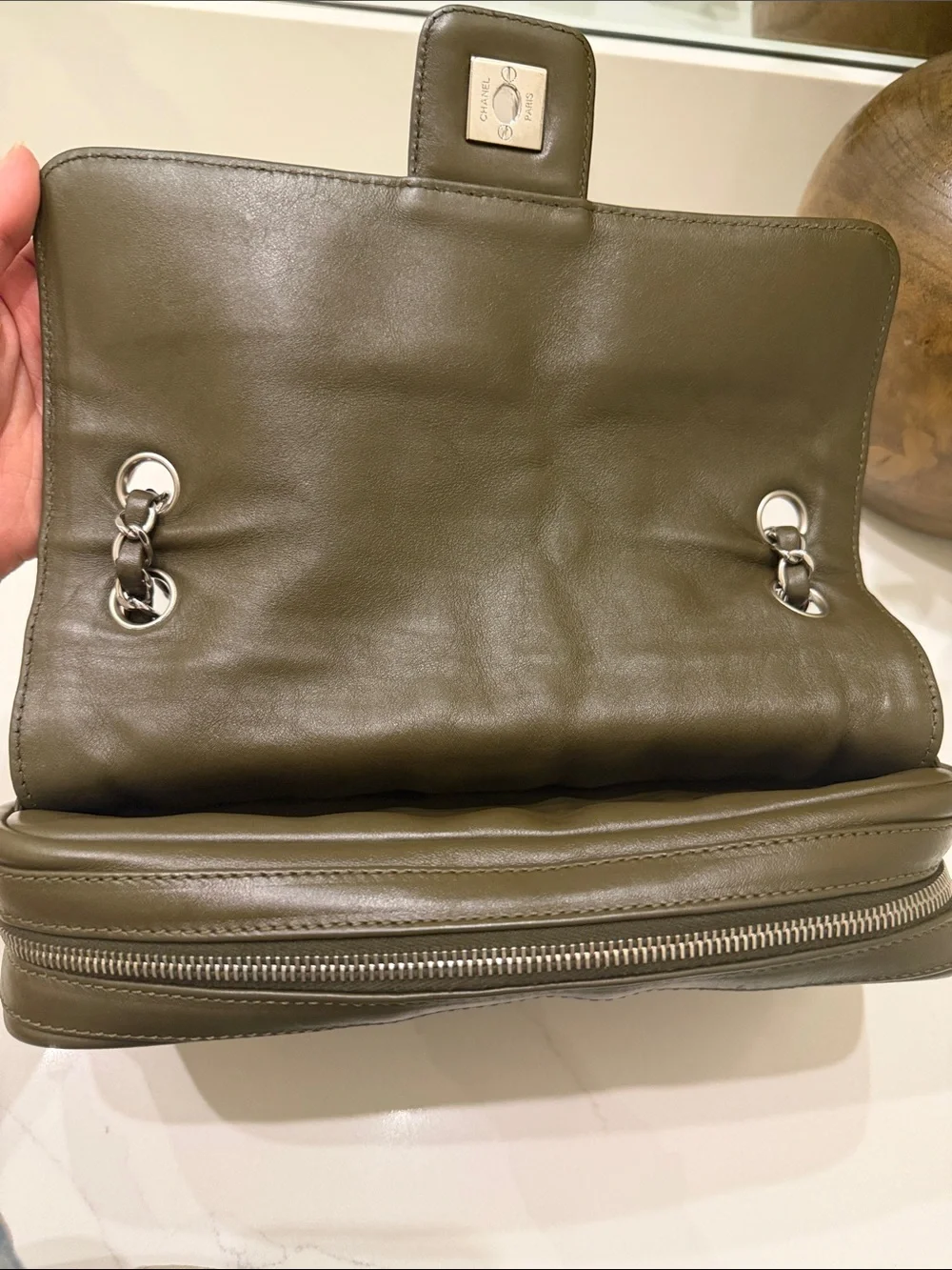 CHANEL Quilted Suede Shoulder Bag in Olive Green with Silver Hardware